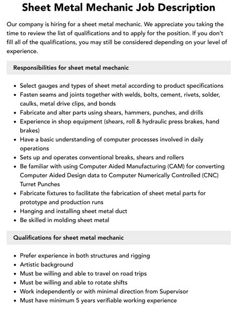 sheet metal worker job vacancy|sheet metal mechanic job duties.